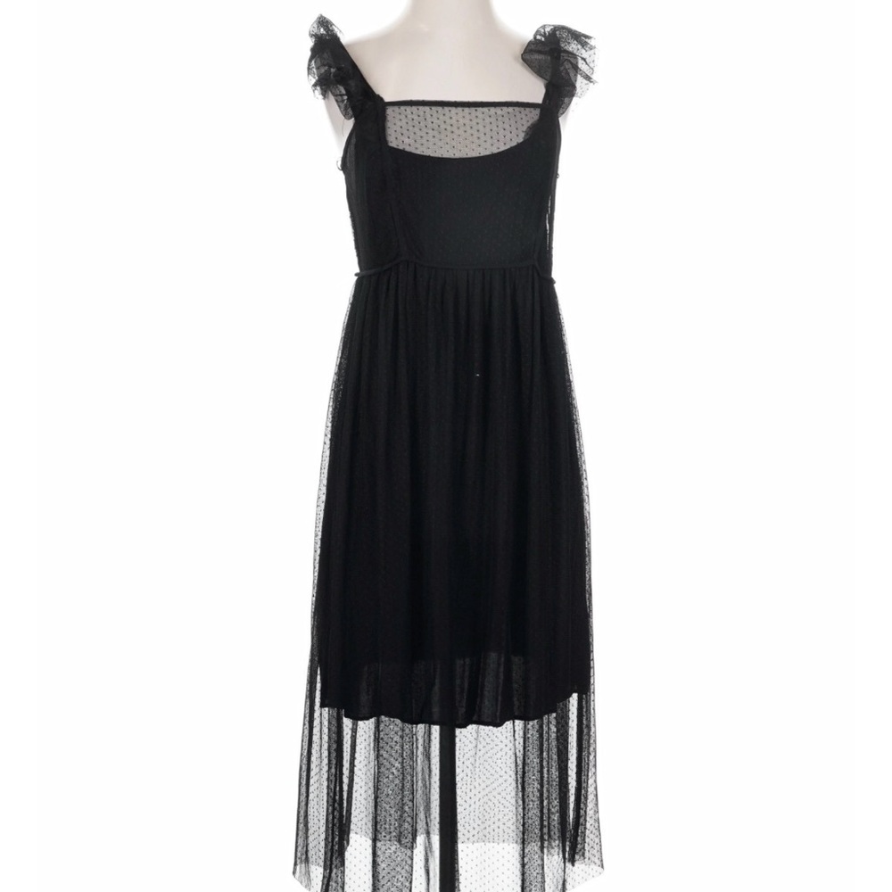 Maeve Elegant Black Midi Dress with Mesh Detail
